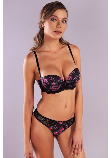 Golshan Gardenia Mini Slip, Kadın Dantelli Çiçek Baskılı Siyah Normal Bel Külot Çok Renkli