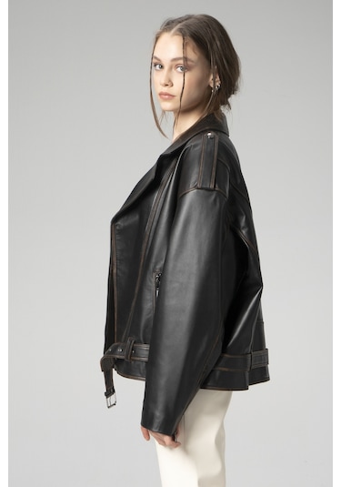 Dericlub Pamela Unisex Silme Oversize Biker Hakiki Deri Mont Siyah/taba Null Siyah
