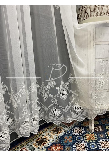 Tül Perde Taç Marka Fesli Desen Etek Bohreli Serpme Desenli Tül-2 Çok Renkli