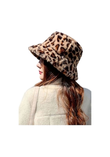 Mood Agenda Kadın Leopar Desenli Peluş Bucket Şapka Camel
