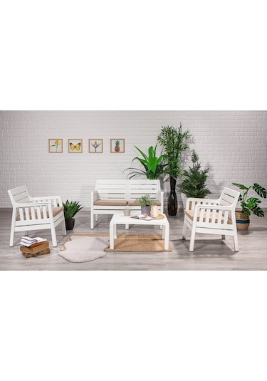 Lara 2+1+1 S Bahçe Balkon Teras Oturma Grubu Minderli - Beyaz