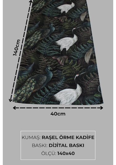 Masa Örtüsü Runner Botanik Kuş Desenli 140x40 Raşel Örme Kadife Dijital Baskı Çok Renkli