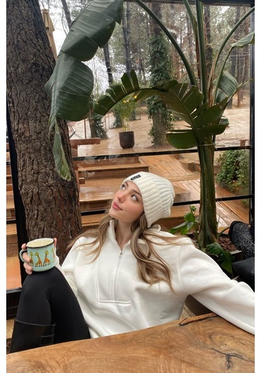 Kirli Beyaz Fermuar Detaylı Oversize Sweatshirt Kirli Beyaz