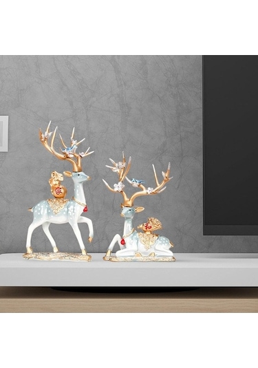 Opulentliving Şömine Yatak Odası Dekor Geyik Heykelleri 14x26cm 14x20cm Reçine 14cmx26cm 14cmx20cm