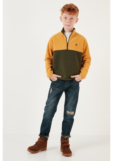 Lela Yumuşak Dokulu Yarım Fermuarlı Renk Bloklu Dik Yaka Unisex Çocuk Polar 5905004 Hardal-Haki