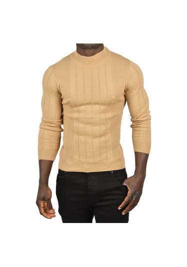 Deepsea Erkek Camel Yarım Balıkçı Yaka Çizgili Tüylenmeyen Slim Fit Triko Kazak 2505491 Camel