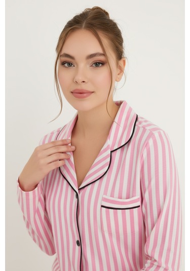 Luxury Soft Pembe Çizgili Uzun Kollu Kadın Pijama Takımı 3052 Pembe
