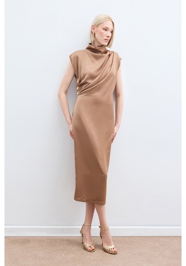 Düğme Detaylı Uzun Elbise - Camel-136138 Camel