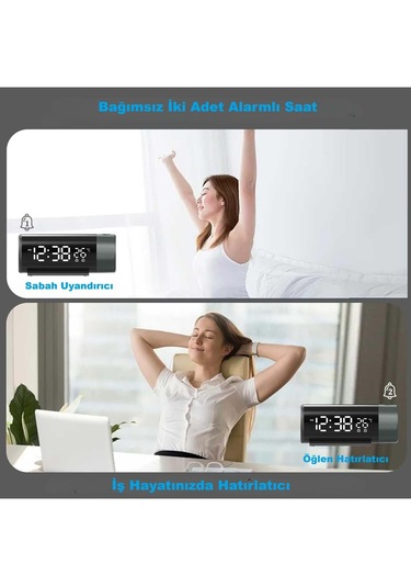 Modern Projeksiyonlu Silindir Led Çalar Saat Dijital Ekran, Usb, Sıcaklık & Çift Alarm Siyah
