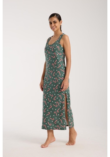 Akbeniz Kadın Kalın Askılı Yırtmaçlı Uzun Yeşil Gecelik Yeşil