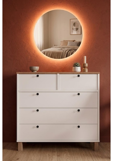 Robin Home Led Aynalı Şifonyer 5 Çekmece Ahşap Ayaklı Sepet-beyaz