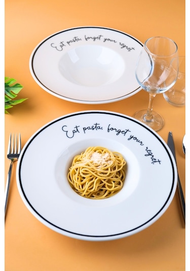 Tabak Evi Motto Makarna Tabağı Seti 2 Li 29x5,5x4cm Beyaz - Siyah