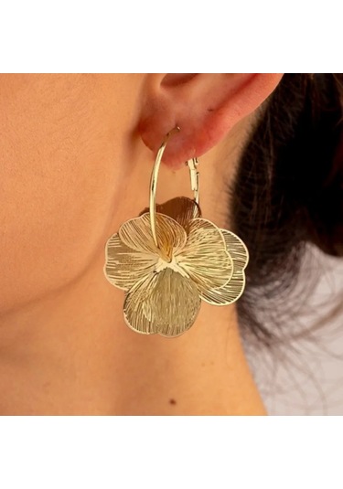 Altın Çift Katmanlı Hollow Çiçek Halka Küpe Kadınlar İçin Altın