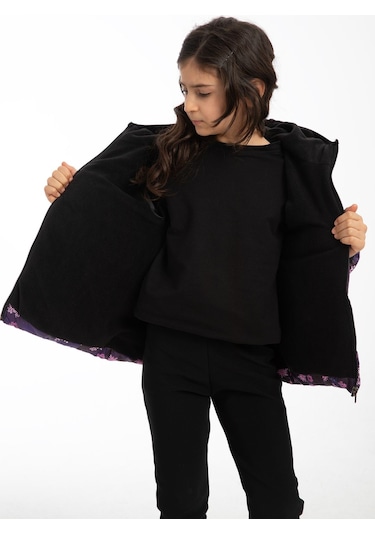 Freemen Kız Çocuk Mor Kar Tanesi Desen Polar Su Ve Rüzgar Geçirmez Kapüşonlu Şişme Kışlık Mont Mor