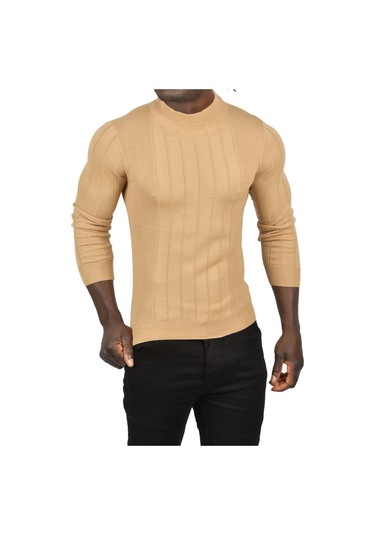 Deepsea Erkek Camel Yarım Balıkçı Yaka Çizgili Tüylenmeyen Slim Fit Triko Kazak 2505491 Camel