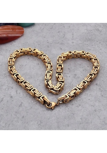 Gold Renk Tamamı Saf Çelik Kral Model Erkek Kolye Bileklik Set 4m