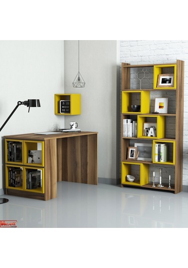 Variant Box Kitaplık Ve Çalışma Masası Takımı - Ceviz / Sarı