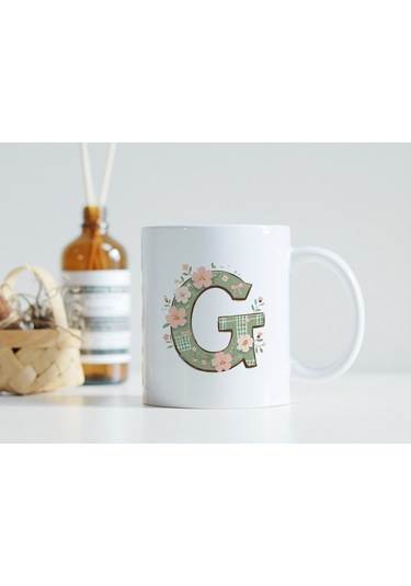 G Harfli Çiçek Desenli Kupa Bardak - Ekose Desenli Yeşil Pembe Desenli Tasarım - Kişiye Özel Hediye Beyaz