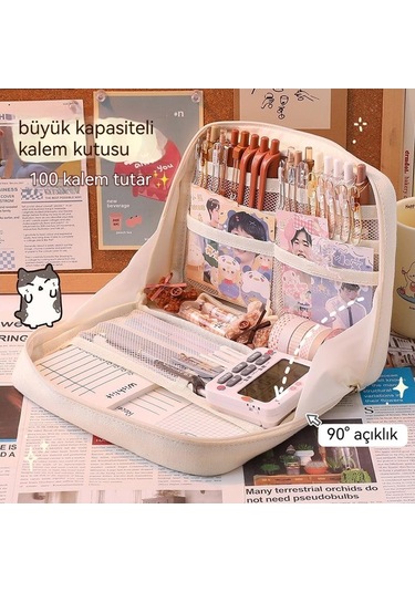 Geniş Kapasiteli Seyahat Kalem Kutusu, Okul Ve Ofis Organizer Çantası, Çok Bölmeli Kozmetik Saklama Çantası, Şık Ve Pratik Depolama Çözümü, Dayanıklı Öğrenci Malzeme Organizer Bej