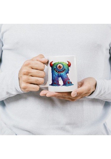 R Harfi Bardak, Sevimli Canavarlar Harflı Bardak Hediyesi Porselen Beyaz