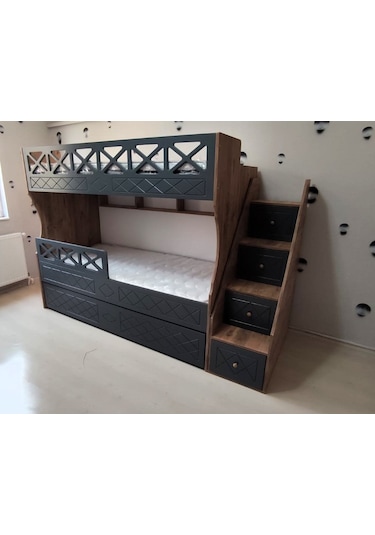 Mdf Atlantik Antrasit Çarpılı Model Çocuk Ranzası