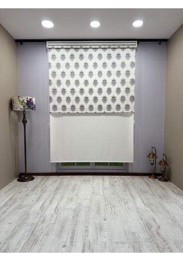 Gri Damask Desenli Çift Mekanizmalı Tül Ve Stor Perde - Simli Kumaş, Simli Stor Perde Gri