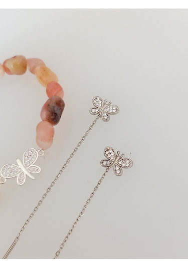 925 Ayar Gümüş Zincir Kelebek Küpe Pembe Ay Taşı Doğal Taş Kadın Bileklik Gümüş