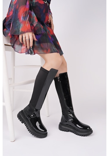 Muggo Nerox Kalın Taban Streç Detaylı Fermuarlı Kadın Çizme SİYAH RUGAN