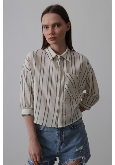 Çizgili Kısa Gömlek - Bej-yeşil Karışık