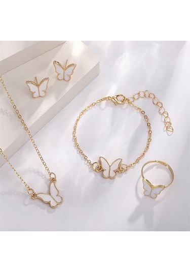 1set Moda Zarif Basit Çok Yönlü Kelebek Kolye Bilezik Küpe Yüzük Kadınlar Kızlar Düğün Partisi Takı Seti Hediye Beyaz