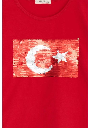 Breeze Kız Çocuk Uzun Kollu Tişört Pullu Ay Yıldız 4-14 Yaş, Kırmızı Kırmızı