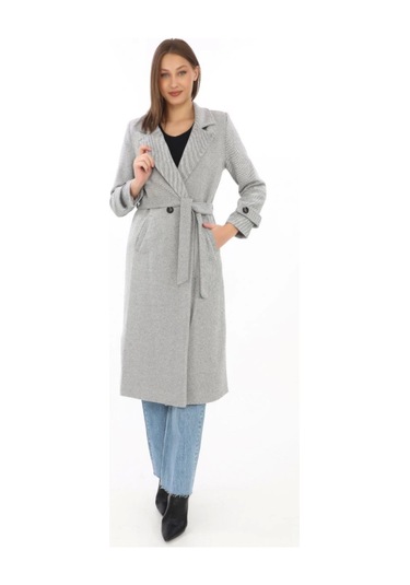 Astarlı Balık Sırtı Kaşmir Kaşe Kaban - Gri Çok Renkli