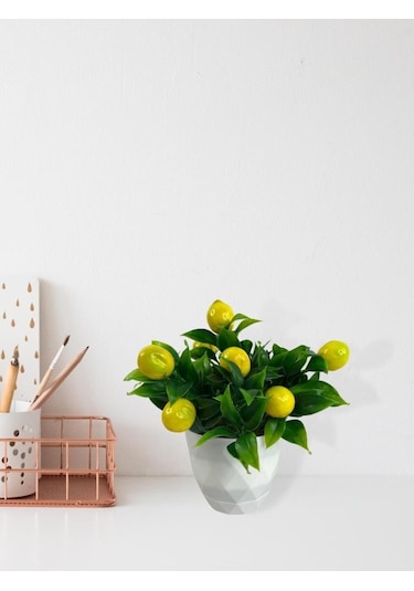 Yapay Çiçek Beyaz Saksıda Limon Dekoratif Masa Çiçeği 25Cm