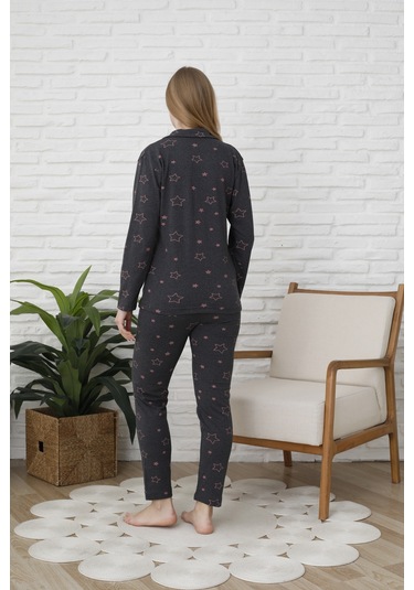 Fames Pijama Uzunkol Düğmeli Penye Pijama Takimi Kalpli Pudra