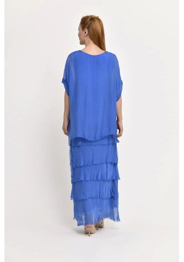 İtalyan 2 Beden İnce Gösteren Yarım Kol Kat Kat Ipek Elbise Saks Mavisi