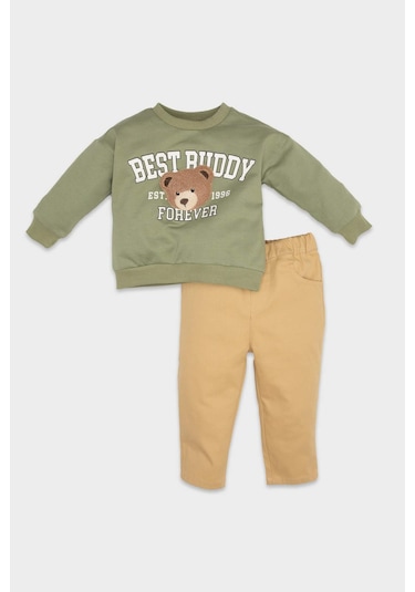 DeFacto Erkek Bebek 2'li Takım Bisiklet Yaka Ayıcık Baskılı Sweatshirt Beli Lastikli Pantolon D5402A524WNKH461 Haki DeFacto Erkek Bebek 2'li Takım Bisiklet Yaka Ayıcık Baskılı Sweatshirt Beli Lastikli Pantolon D5402A524WNKH461 Haki