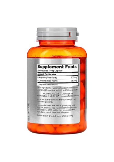 Now Sports Nutrition Arginine & Citrulline 500 Mg 250 Mg Amino Acids 120 Veg Caps Aromasız