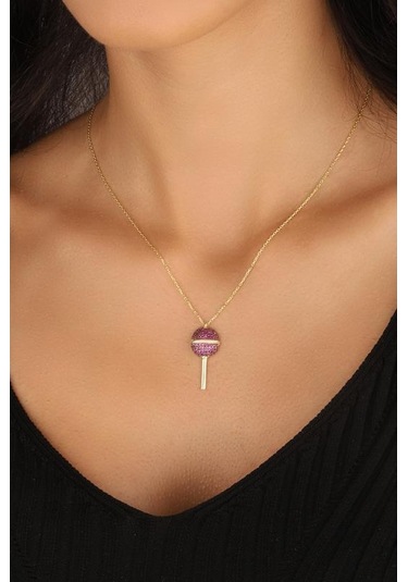 Pembe Taşlı Lolipop Şeker Gümüş Kolyesi Rose Gold