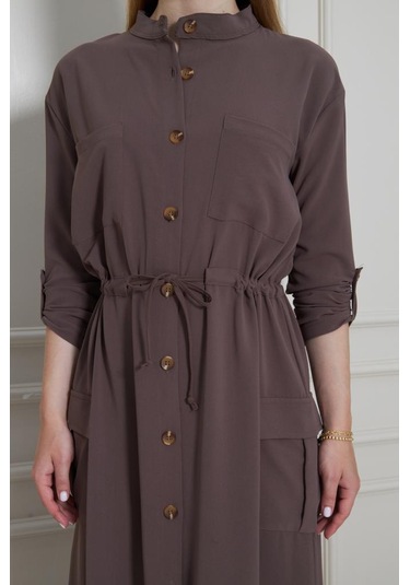 Kadın Yeni Sezon Krep Cepli Uzun Katlanabilir Kollu Büzgülü Elbise Yazlık Günlük Giyçık Kahverengi