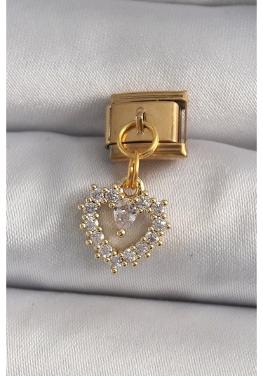 316l Çelik Gold Renk Sallantı Zirkon Taşlı Kalp Model Nomination Charm