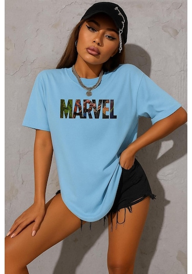 Marvel Baskılı Oversize Beyaz T-shirt Bebe Mavisi