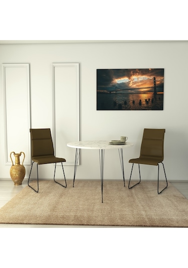 Pasific Home Sandalf Metal Ayaklı Yuvarlak Mutfak Masası Beyaz Mermer