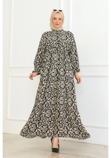 Viskon Elbise Bağlamalı - Siyah/krem Siyah/krem Siyah - Krem