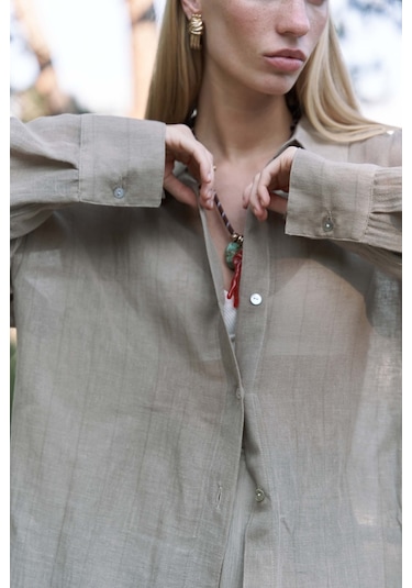 Calynn Sırt Dekolteli Çizgili Haki Keten Gömlek Haki