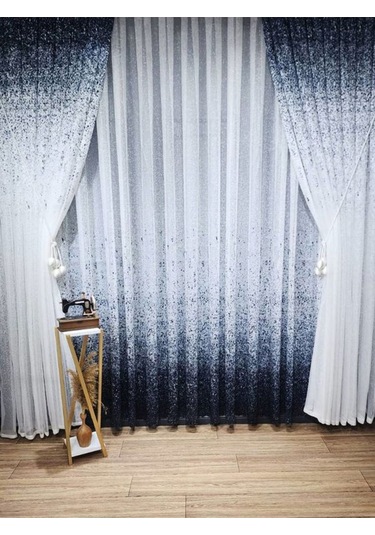 Tül Perde Yeni Tasarım Üst Renkli Kahverengi-vizon Serpinti Tül Ve Sağ/sol Takım Tül Fon Perde Lacivert