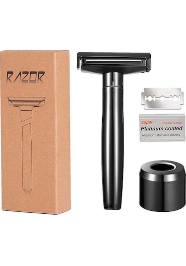 Yeni Manuel Eski Ustura Makaralı Erkek Tıraş Makinesi Çift Taraflı Bıçak Tutucu Metal Ustura Tıraş Parlak Siyah Tekerlek 6 Ayar Taban 10 Bıçak