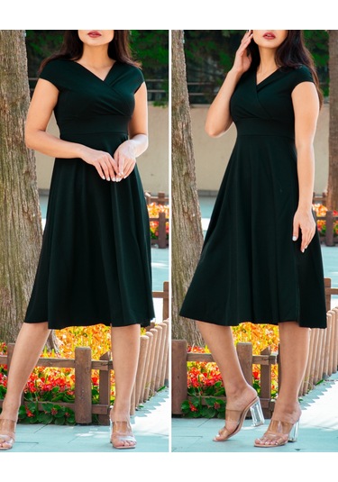 Düşük Omuz Eteği Pileli Krep Kumaş Midi Boy Elbise Siyah