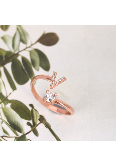 Zirkon Taşlı Pırlanta Montür Rose Altın Kaplama V Harfli Gümüş Yüzük Gümüş - Rose Gold