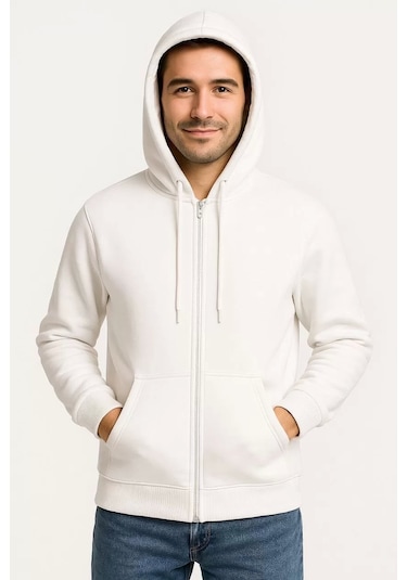 Erkek Üç İplik Kapüşonlu Tam Fermuarlı Kanguru Çepli Sweatshirt Hoodie - Beyaz Beyaz