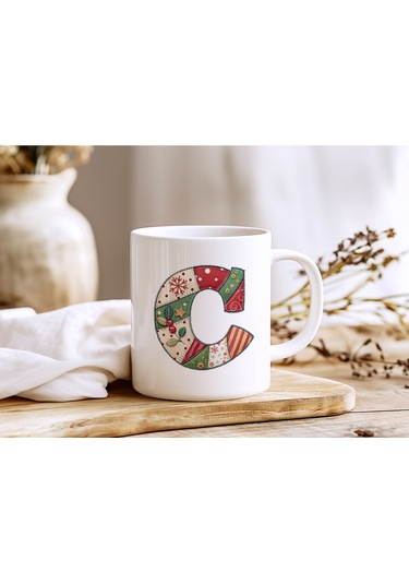 C Harfi Yılbaşı Temalı Kupa Bardak - Yeni Yıl Konsept Yamalı Efekt Tasarım - Noel Hediye Beyaz